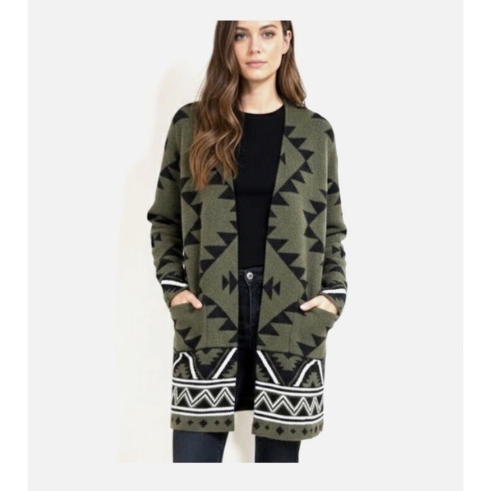 FRYE Green Aztec Print Open Front Cardigan Size‎ M  Women's